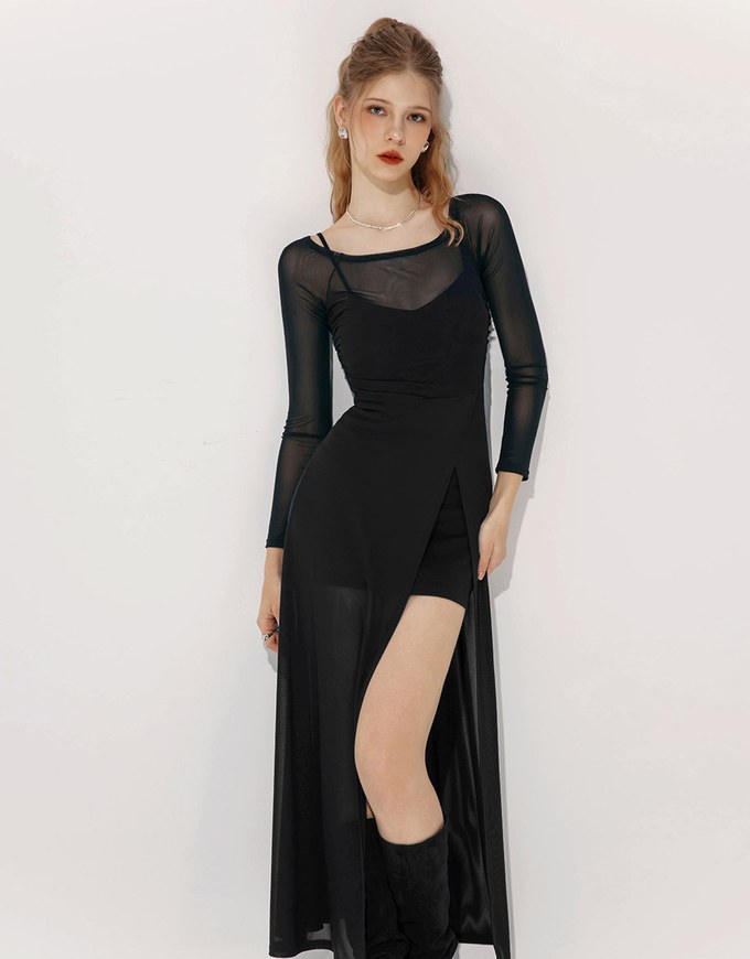 Sexy Mesh Slit Padded Maxi Dress Set Wear