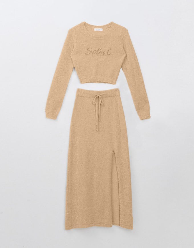 Fluffy Lettering Long Sleeve Top And Side Slit Tie Skirt Set  Wear