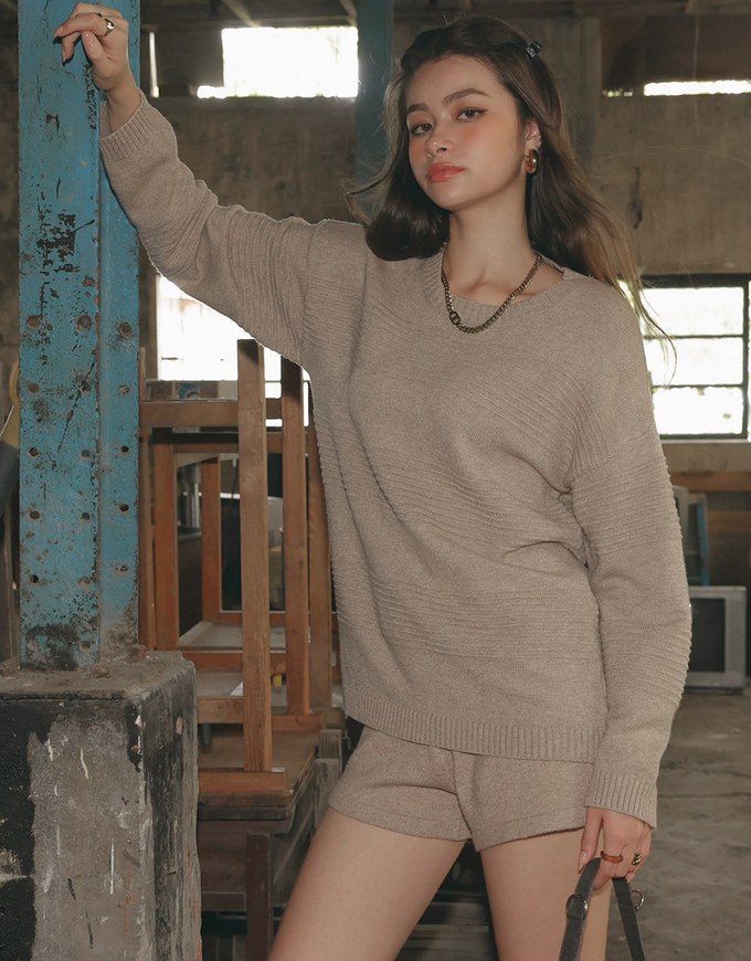 2 Piece Sweater Long Sleeve Ribbed Knit Tops and Drawstring Shorts Set Wear