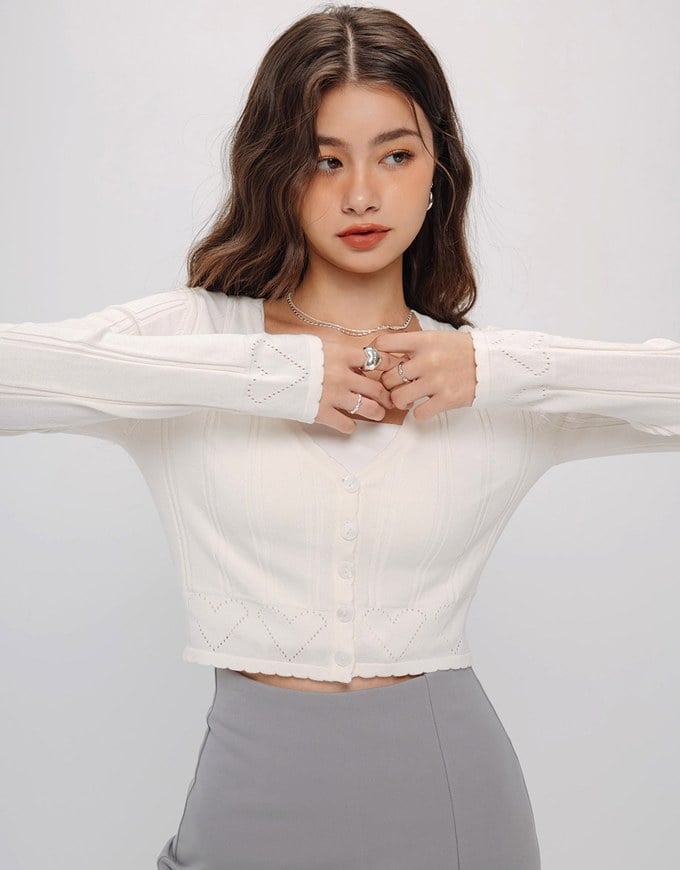 V Neck Heart Shaped Eyelet Knit Top