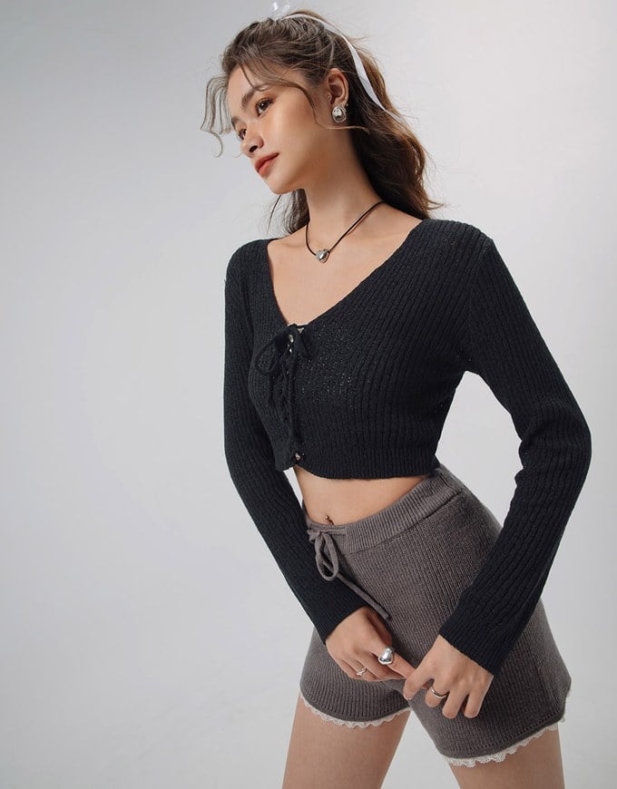 Corset Ribbed Tie Front Knit Top