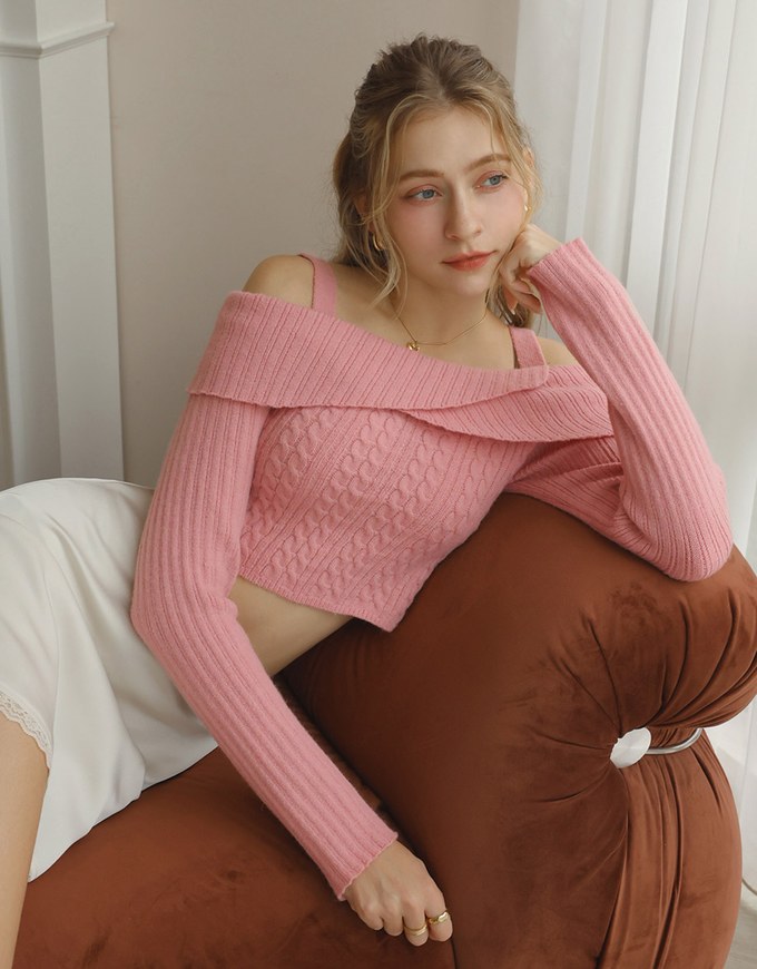 Cut Out Shoulder Cable Knit Top