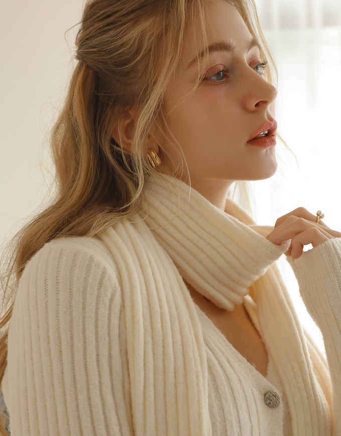 Ribbed Knit Button Front Cropped Top (With Scarf)