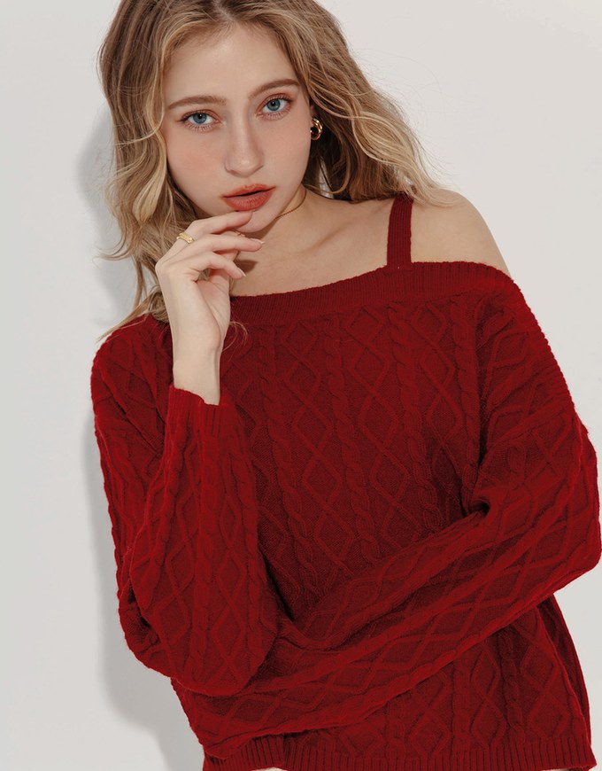 Asymmetric One Shoulder Loose Cable Knitted Sweater