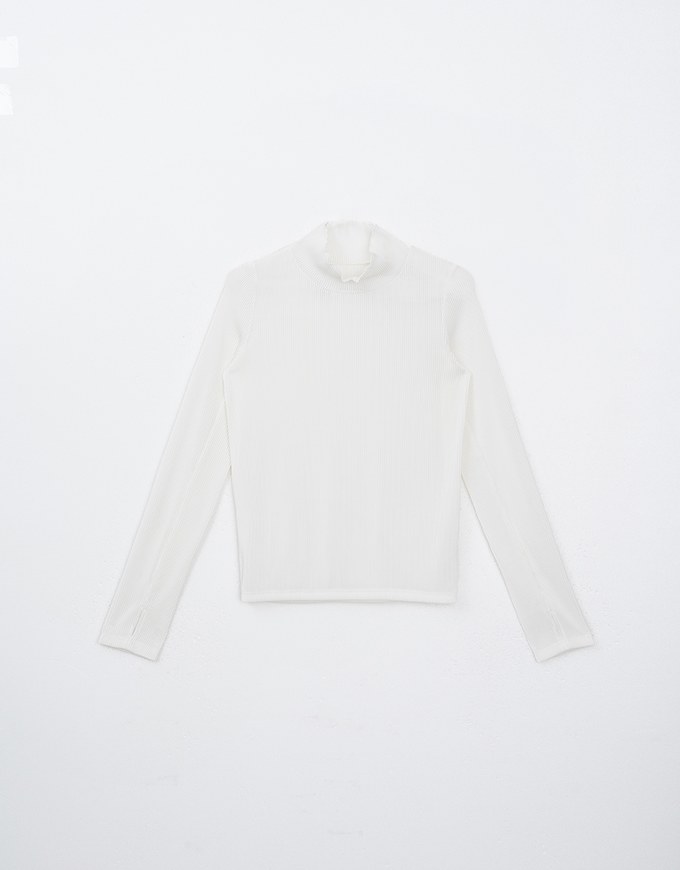 Turtleneck Ribbed Knit Long Sleeve Top With Ruffle Collar