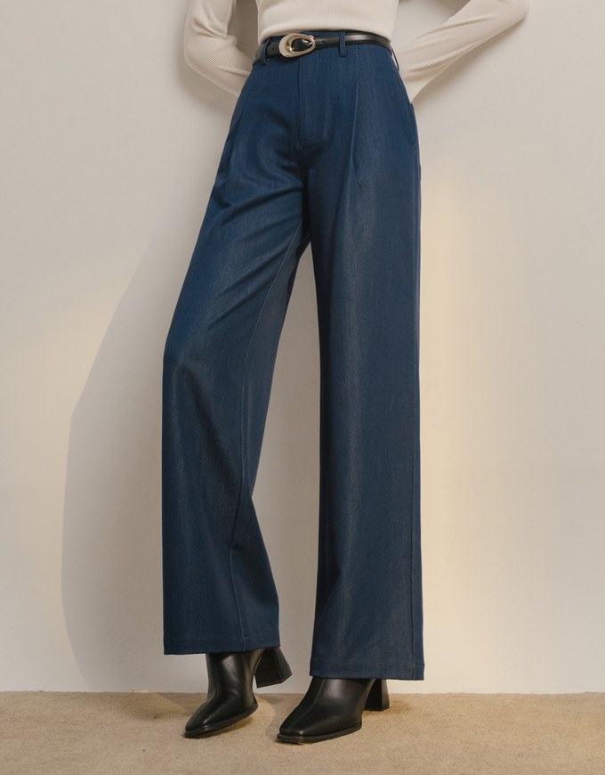 High Waisted Pleated Jeans Denim Wide Pants Culottes