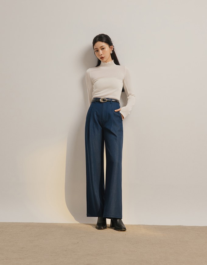 High Waisted Pleated Jeans Denim Wide Pants Culottes