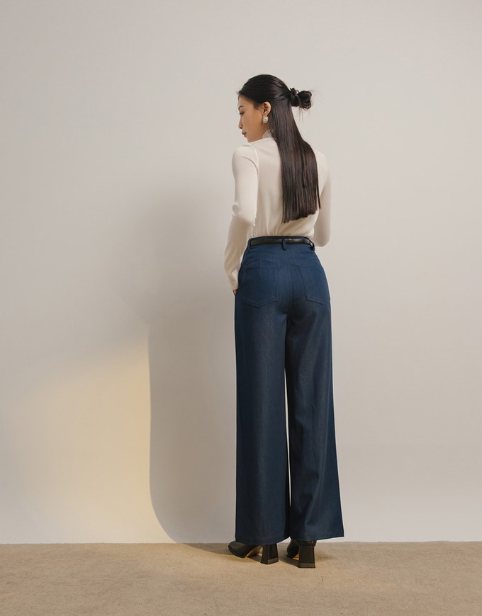 High Waisted Pleated Jeans Denim Wide Pants Culottes