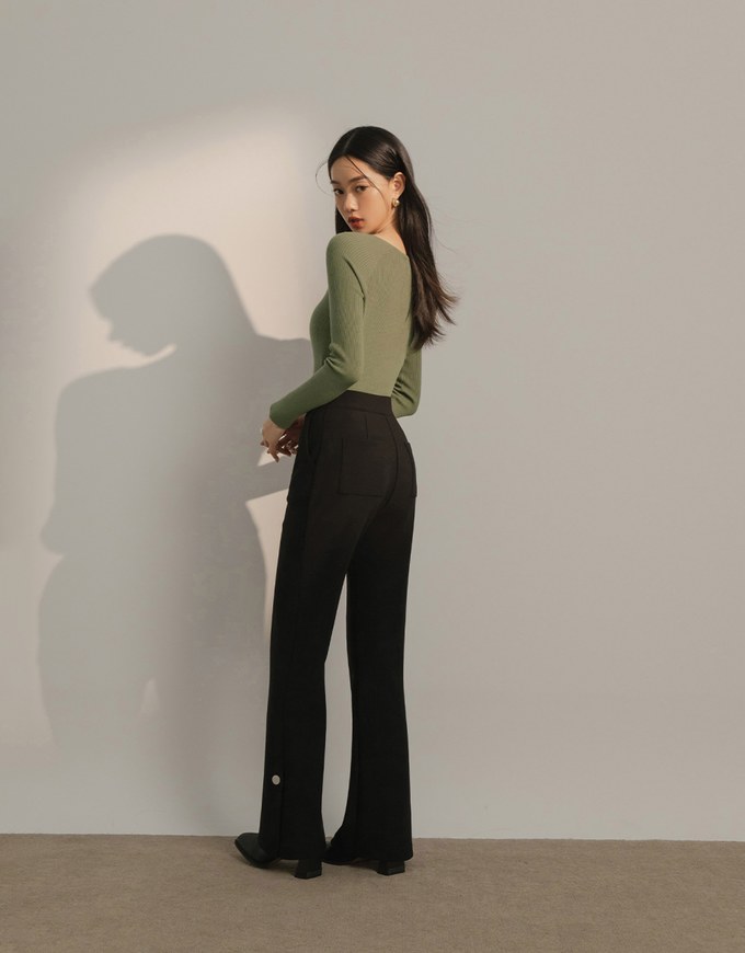 High Waist Side Slit Elastic Flared Pants