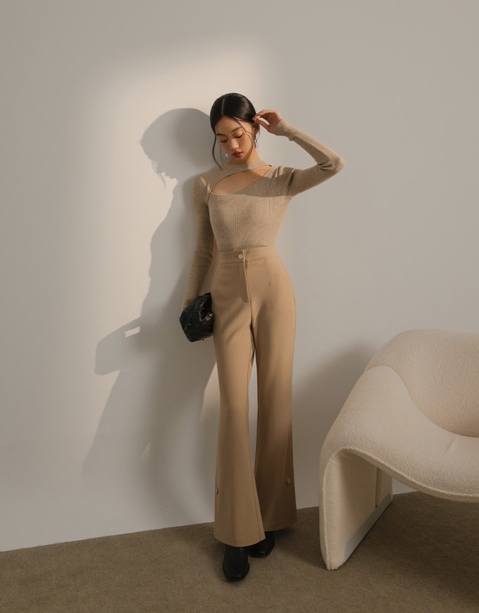 High Waist Side Slit Elastic Flared Pants