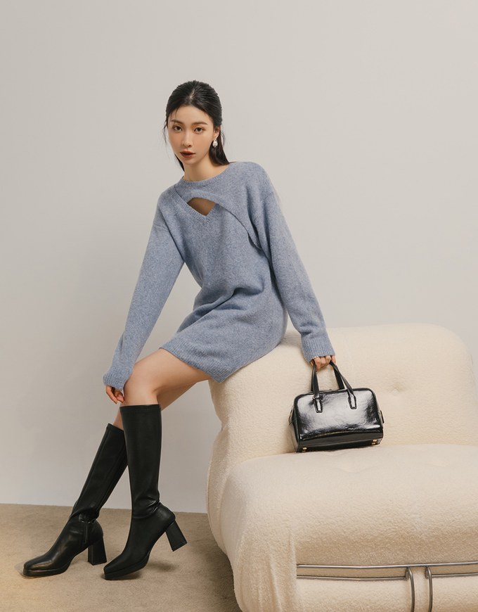 Relaxed Fit Hollow Knit Mini Dress