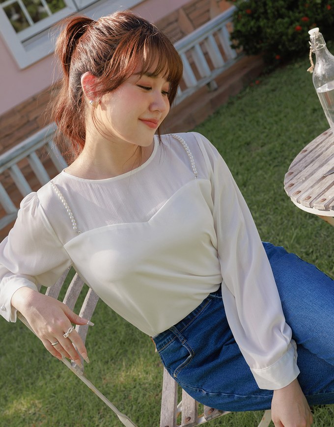 Pearl Embellished Sheer Chiffon Top