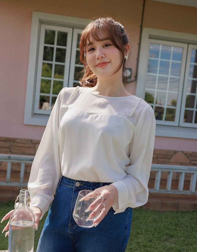 Pearl Embellished Sheer Chiffon Top