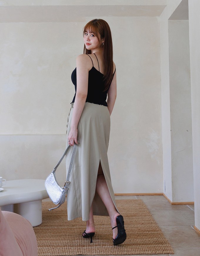 Side Strap Cargo Slit Straight Long Skirt