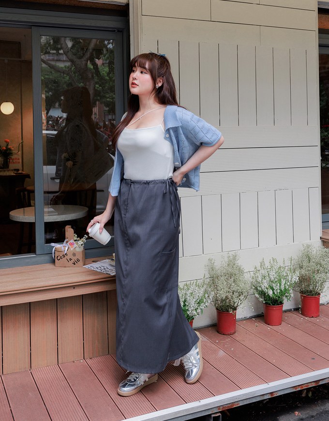 Side Strap Cargo Slit Straight Long Skirt