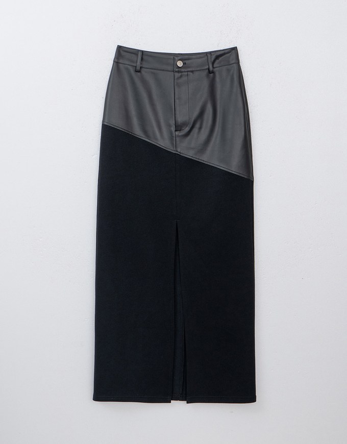 Patchwork Faux Leather Slit High Waist Maxi Skirt