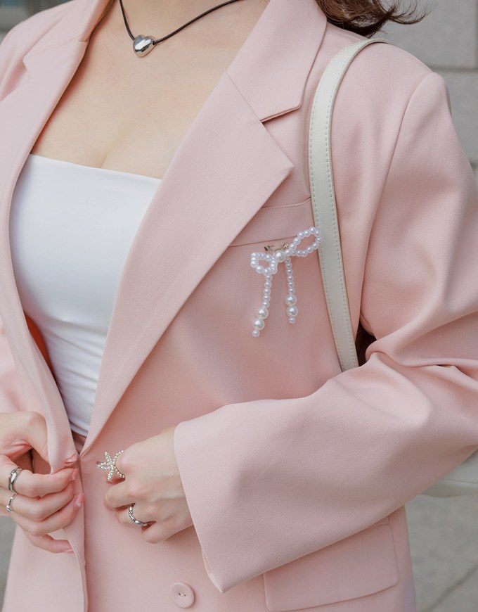 Pearl Bow Embellished Blazer Jacket (With Shoulder Pads)