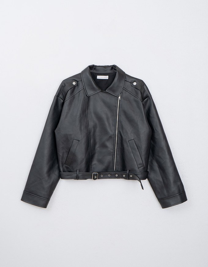 Faux Learter Cropped Belted Biker Jacket