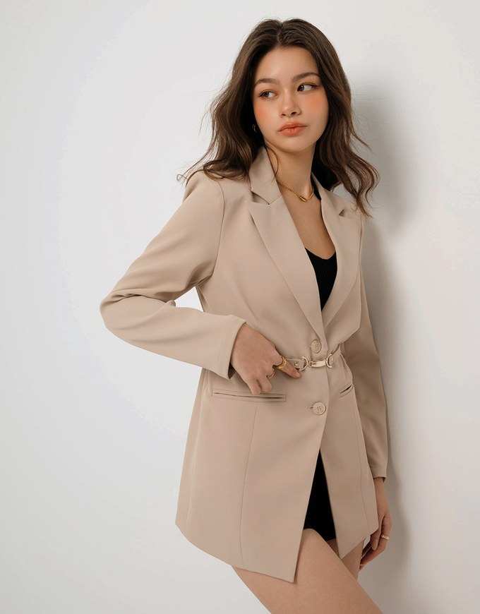 Long Sleeve Oversized Blazer (with Shoulder Pads and Detachable Belt)