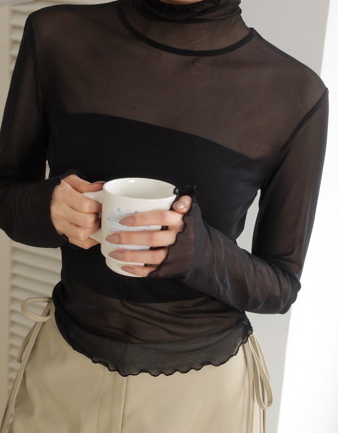 Turtleneck Sheer Ruffle Trim Top