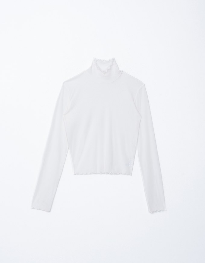 Turtleneck Sheer Ruffle Trim Top