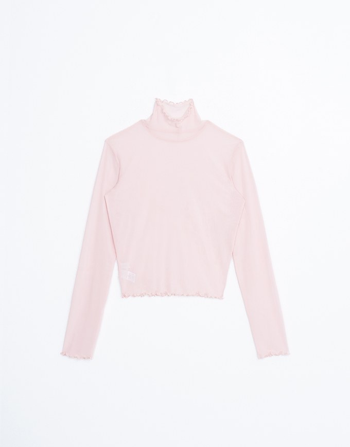 Turtleneck Sheer Ruffle Trim Top