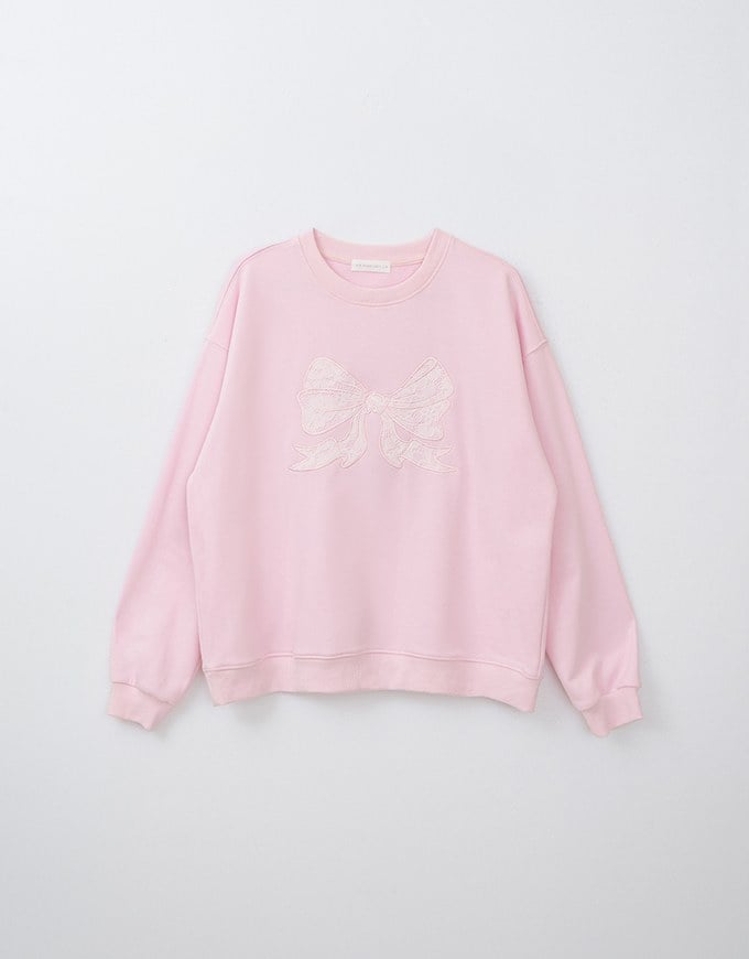 Lace Bow Embroidered Cotton Sweatshirt