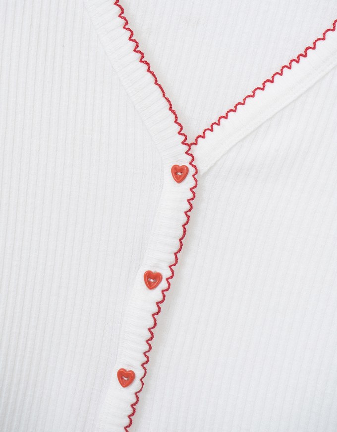 Heart Button Rib Knit Trim Top