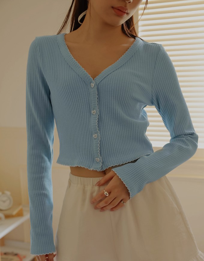 Heart Button Rib Knit Trim Top