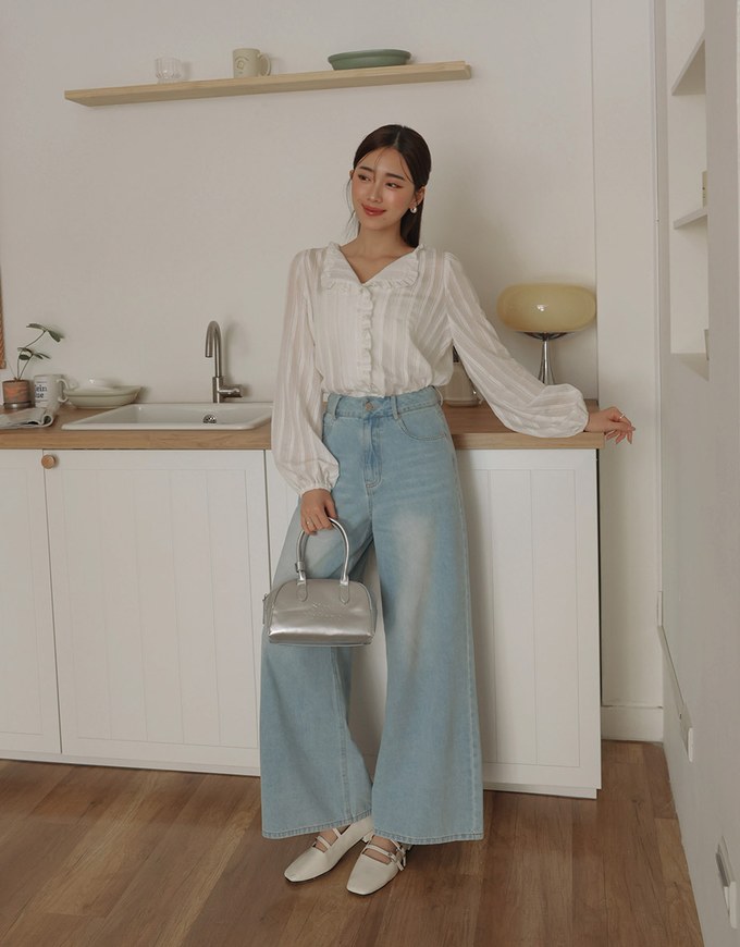 Collared Sheer Striped Ruffle Blouse