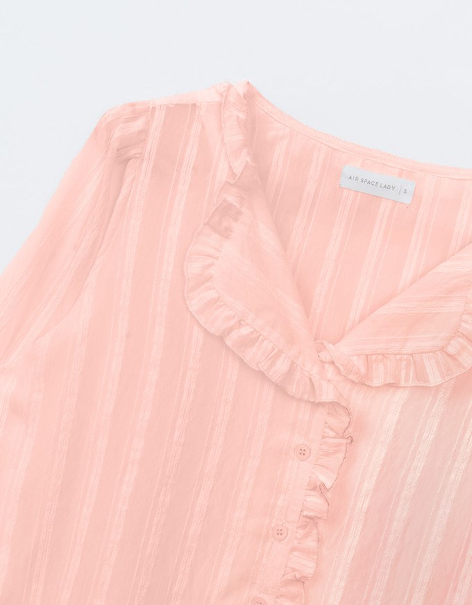 Collared Sheer Striped Ruffle Blouse