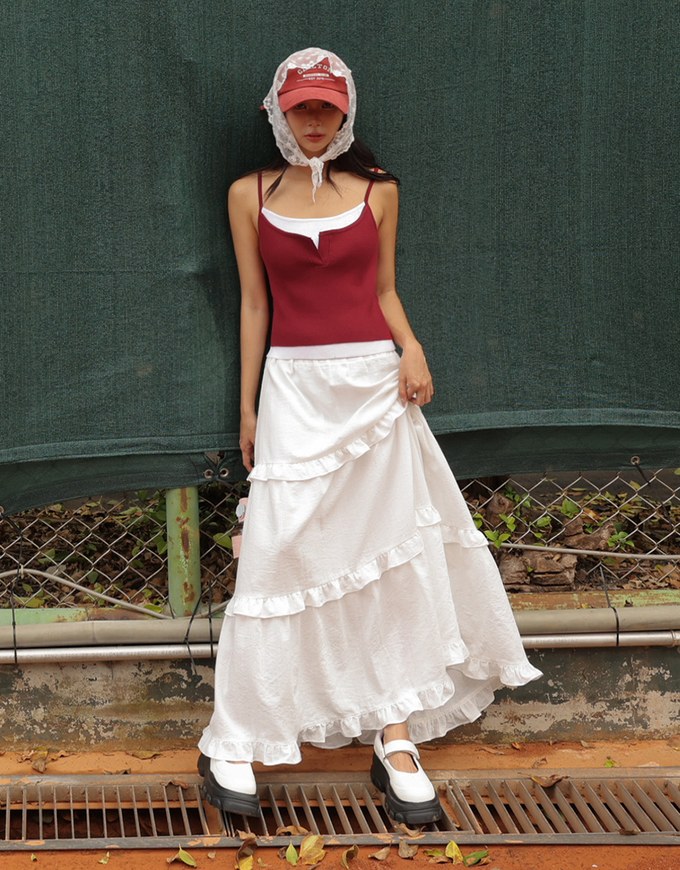 Ruffled High Waist Frilled Layered Hem Maxi Skirt