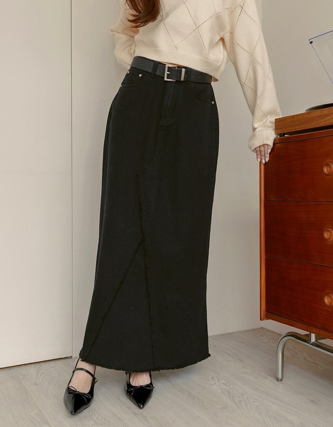 Frayed A Line Jeans Denim Maxi Skirt (Includes Belt)