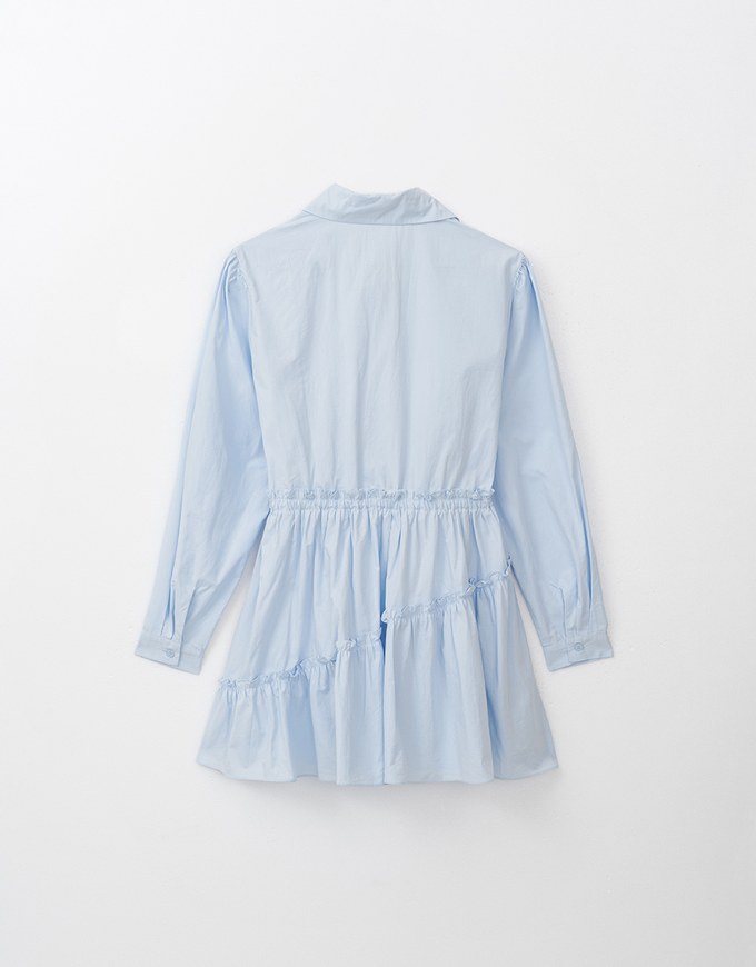 Asymmetric Ruffle Décor Layered Mini Blouse Dress ( Adjusttable Waistline With Draw Strings)