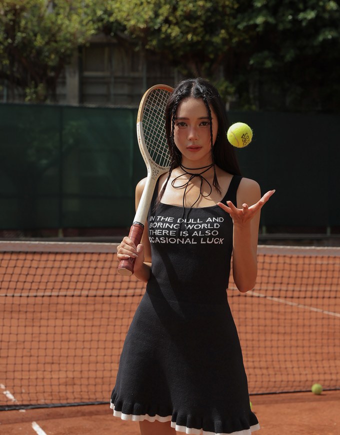 Knitted Tennis Style Mini Dress with Letter Quotes On