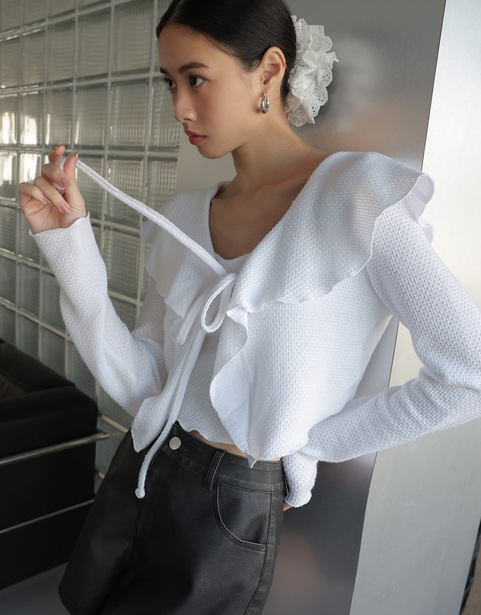 Big Collar Long Sleeve Open Front Tie Up Shirt With Thin Strap Cami Top Set Wear