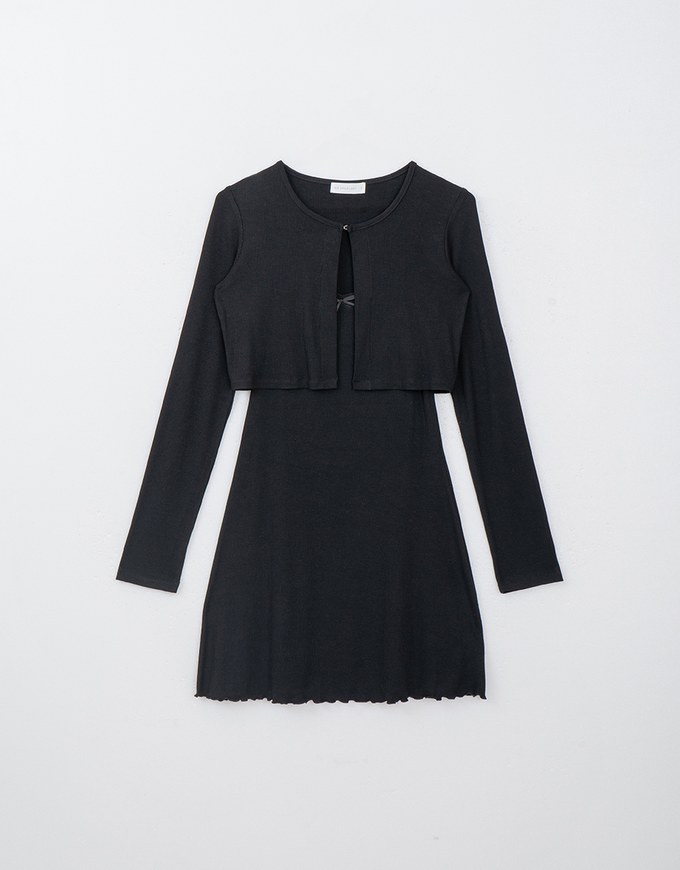 Ruffled Hem Mini Dress with Long Sleeve Cardigans Set Wear