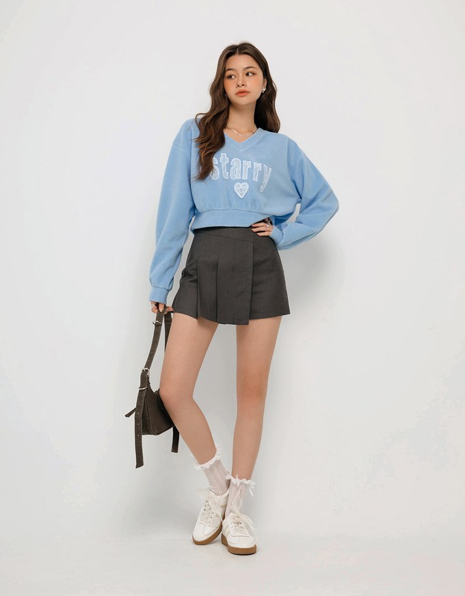 V Neck Lace Letter Embossed Sweatshirt