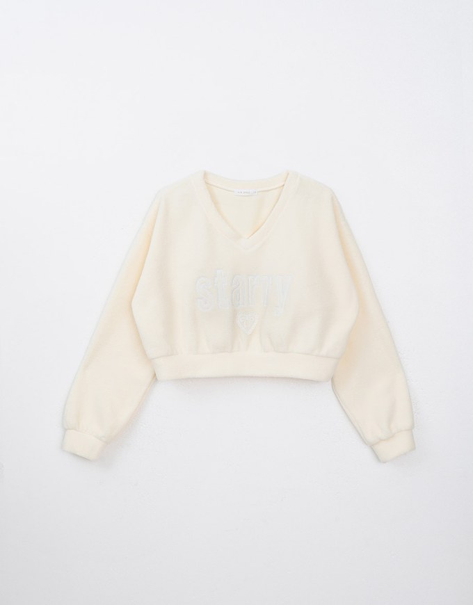 V Neck Lace Letter Embossed Sweatshirt