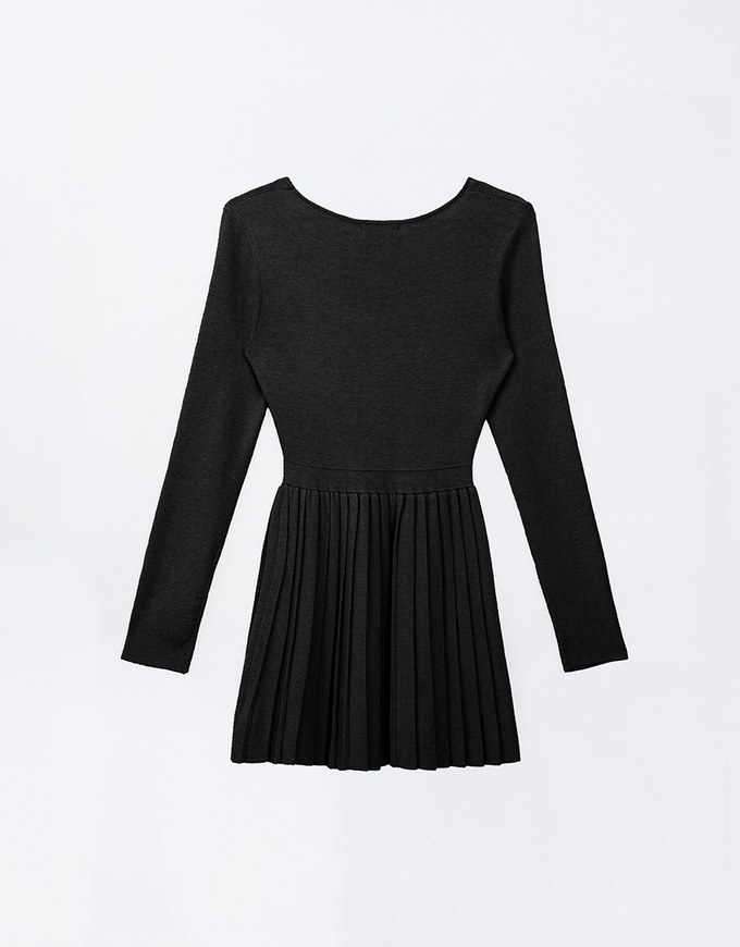 Long Sleeve A Line Pleated Knitted Mini Dress