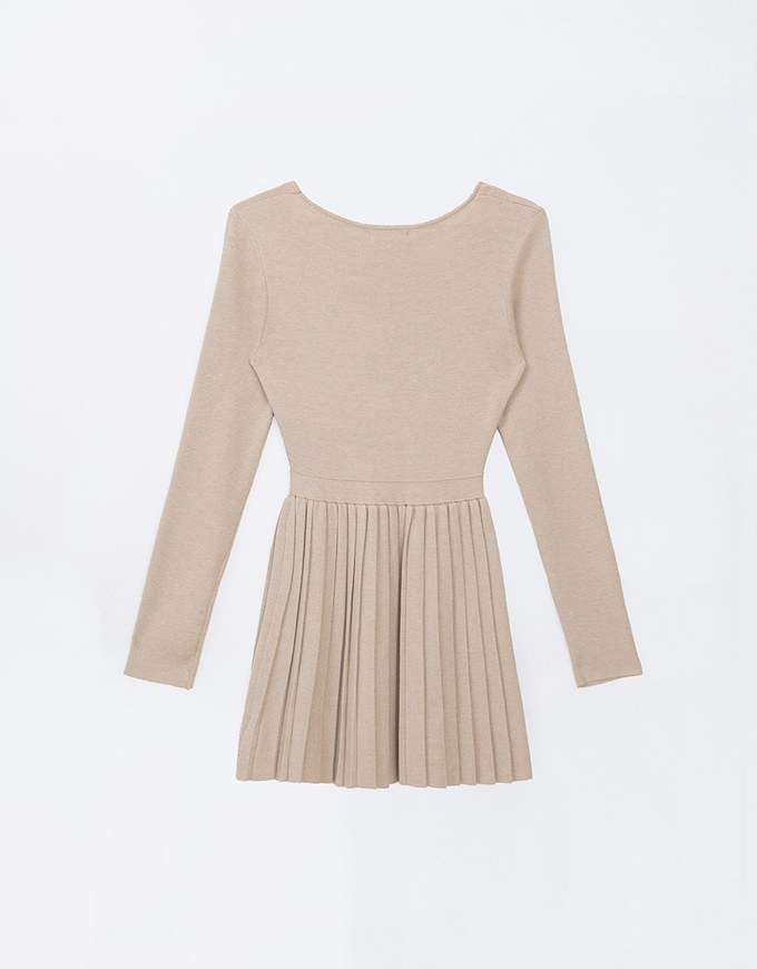 Long Sleeve A Line Pleated Knitted Mini Dress