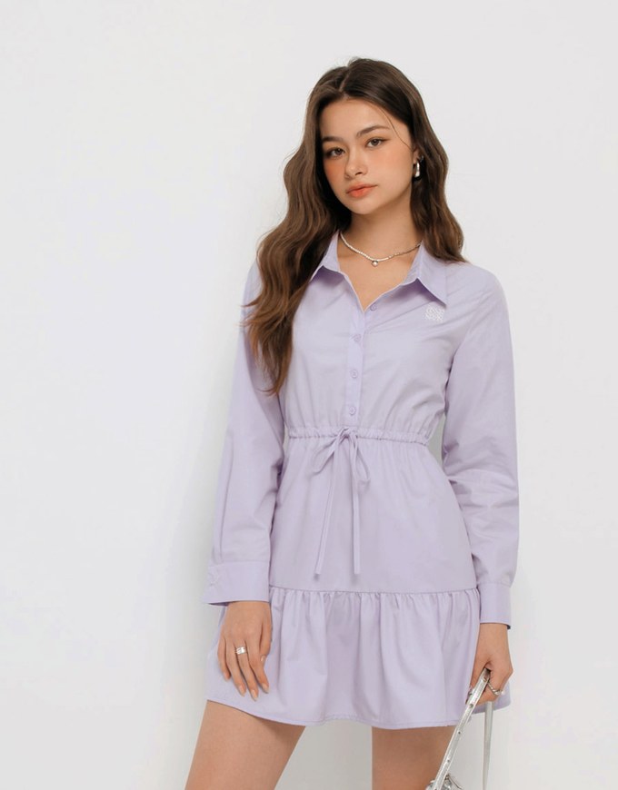 Long Sleeve Button Up Layered Shirt Collared Mini Dress with Air Space Logo Embroidered