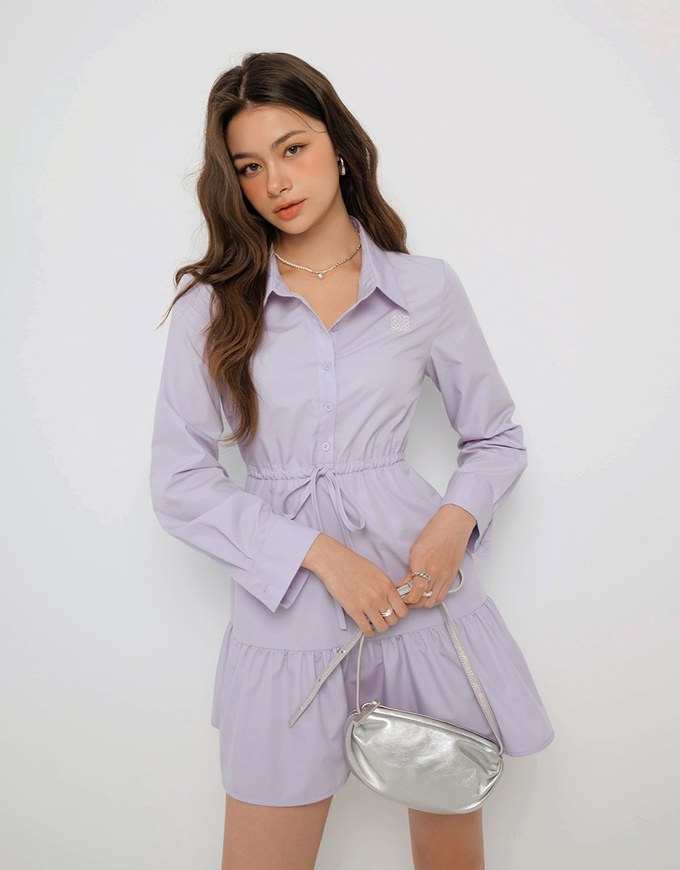 Long Sleeve Button Up Layered Shirt Collared Mini Dress with Air Space Logo Embroidered