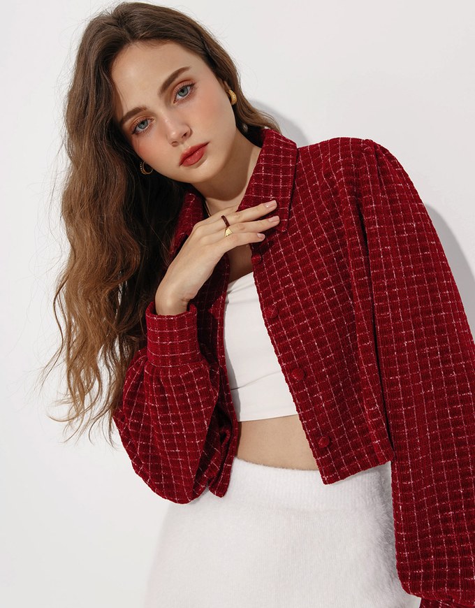 Classic Plaid Wool Long Sleeve Jacket With Collar Design