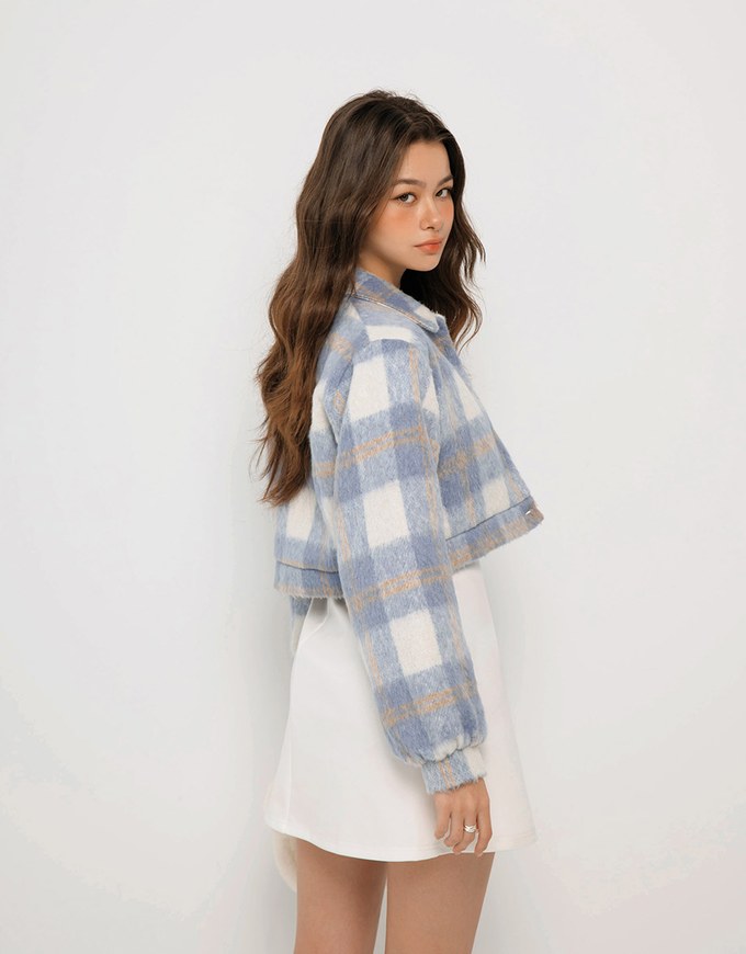 Plaid Button Front Woolen Jacket With Collared Neck