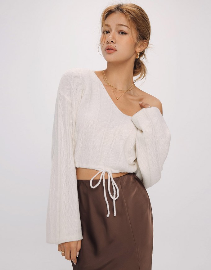 V Neck Drawstring Knit Top