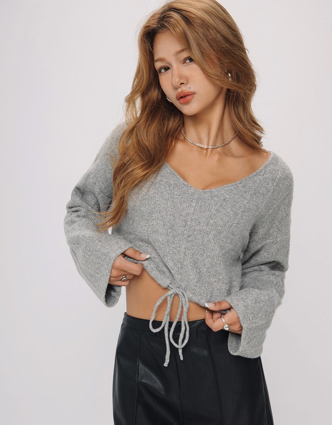 V Neck Drawstring Knit Top