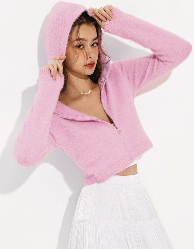 Lettering Fluffy Knit Hooded Crop Zip Cardigan