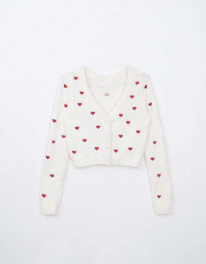 Mohair Heart Embroidered Buttoned Cardigan