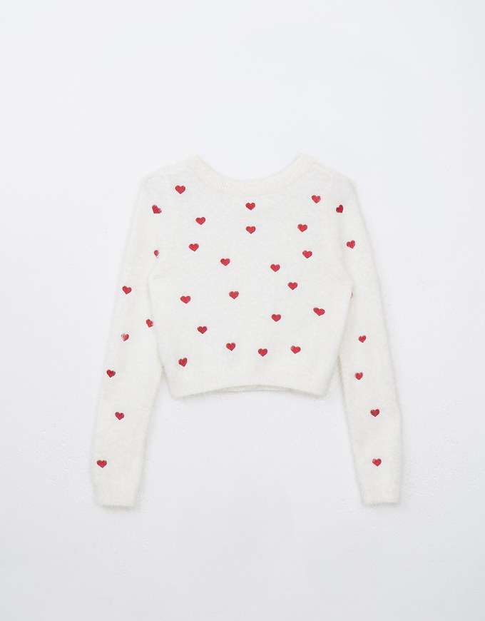 Mohair Heart Embroidered Buttoned Cardigan